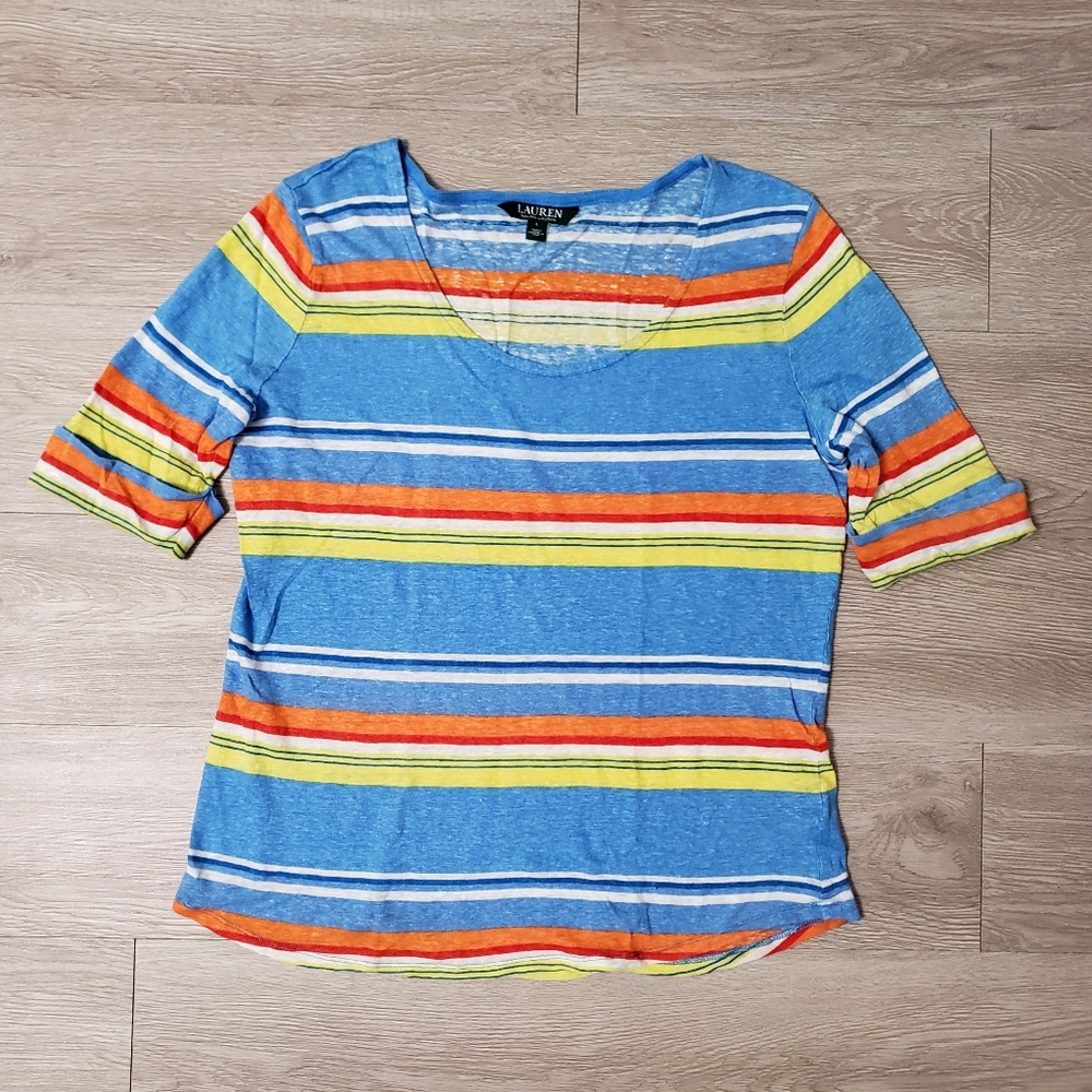 Lauren Ralph size Large blue yellow stripe linen shirt spring summer vacation
